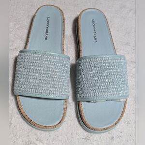 Lucky Brand Dylina Raffia Slide Sandals Santorini Blue Cork Size 8M NIB
